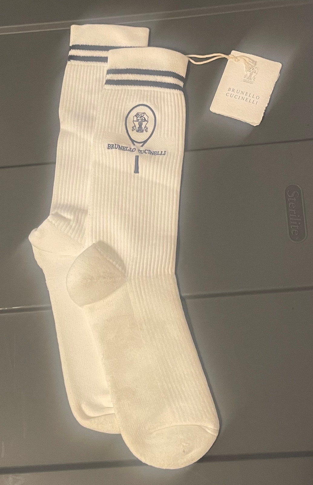 $490 Nwt Brunello Cucinelli White Cotton Blend Striped Logo Crew Socks S